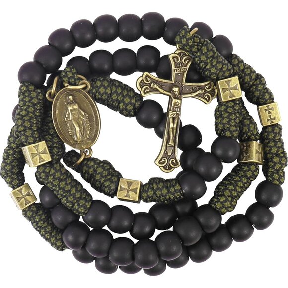 Antique Bronze Paracord Rosary Necklace Black Matte 21